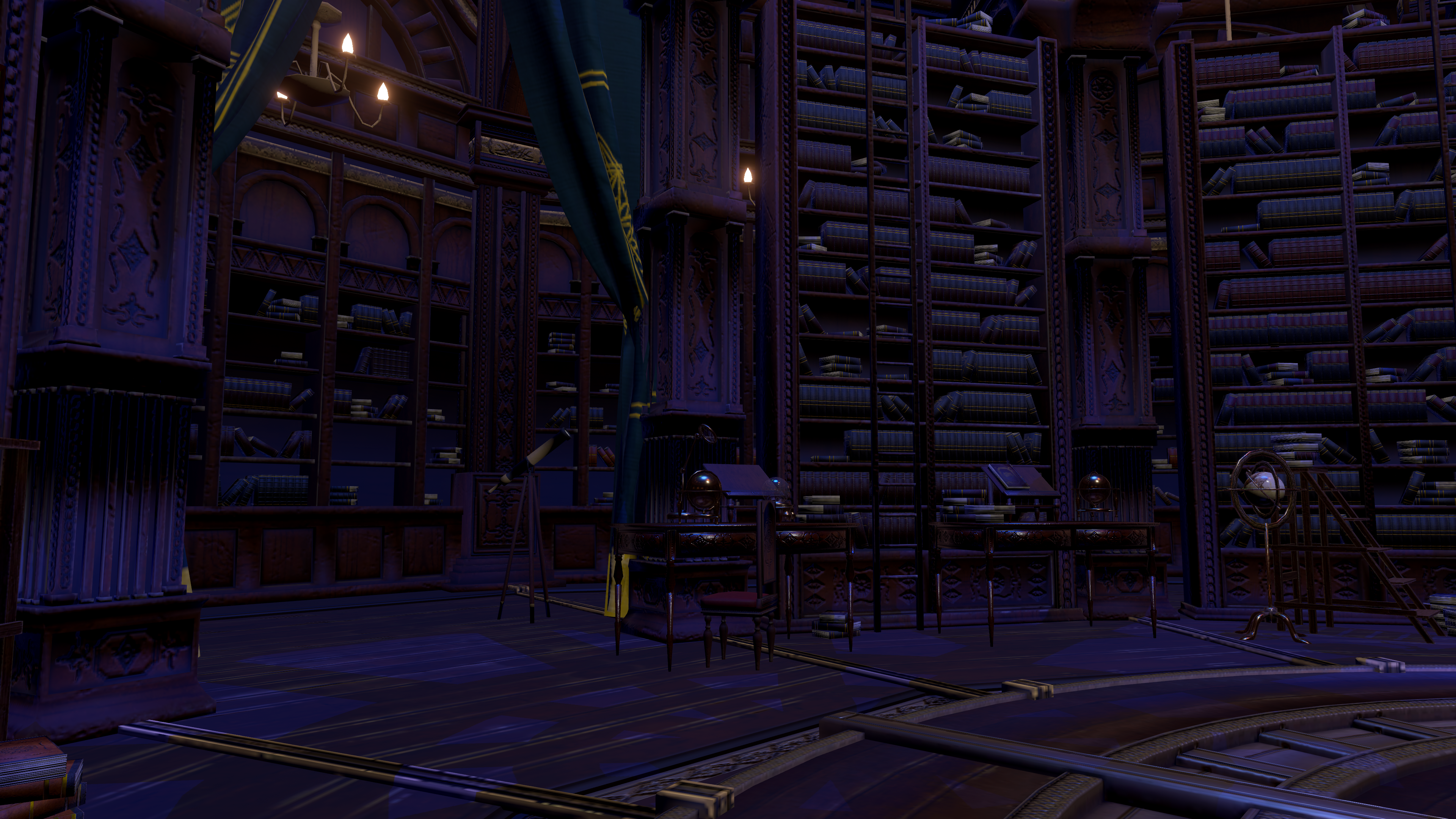 Tall shelves and warm lamps inside the Library of Veritas virtual world